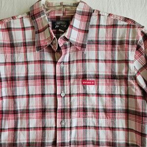 Avirex Shirt Men's Large Button Up Short Sleeves Plaid White Red Black EUC